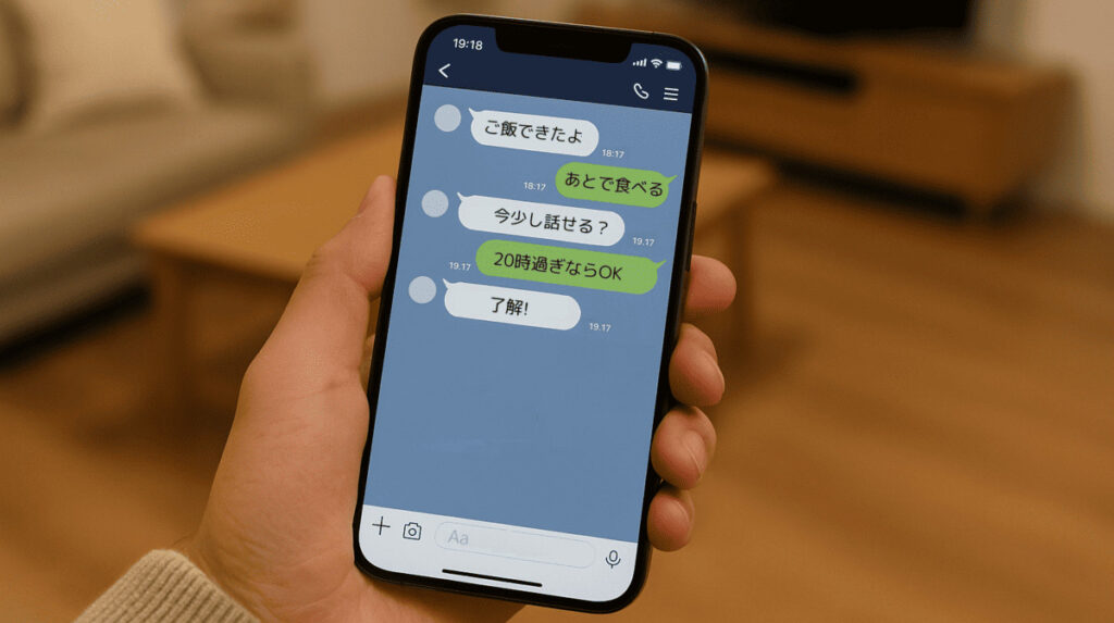 手に持ったスマホ画面にLINEのチャット「ごはんできたよ」「あとで食べる」など表示されている